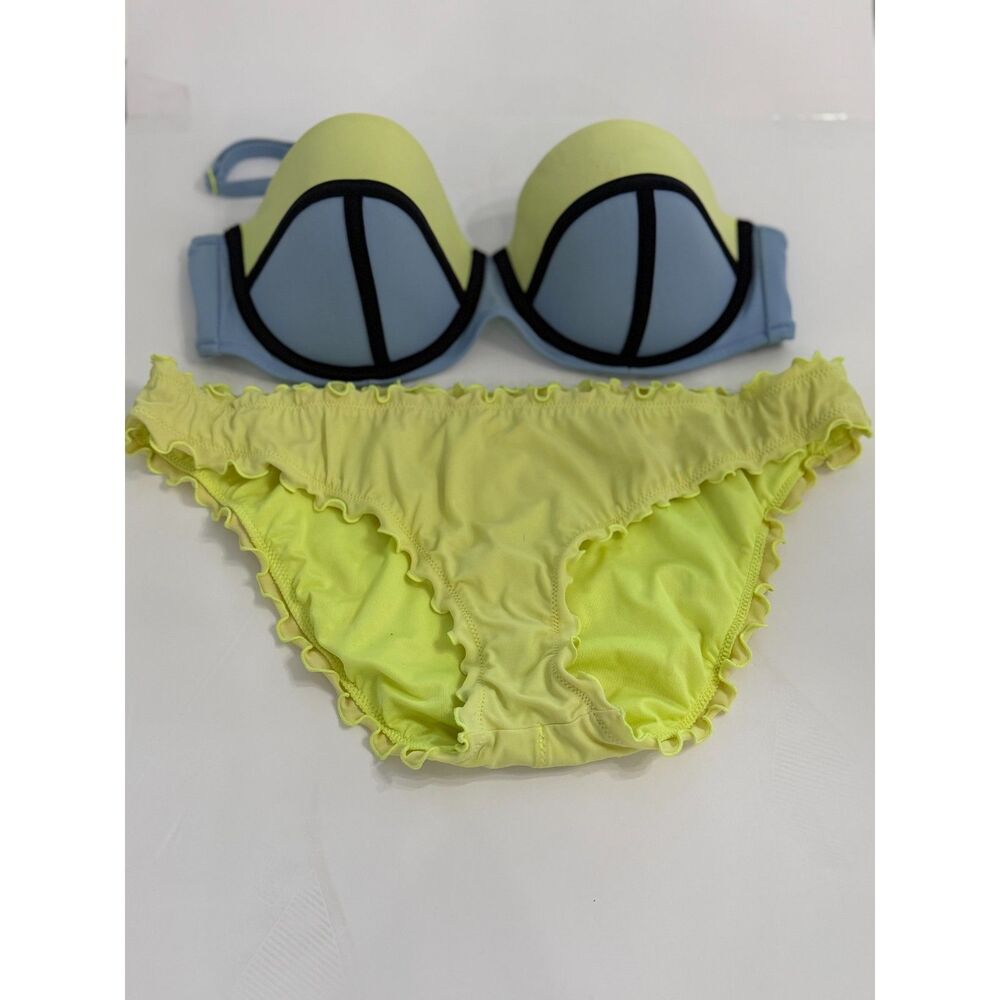 Victoria’s Secret Colorblock Underwire Bikini Set 34DD L Neon Yellow Blue Ruffle